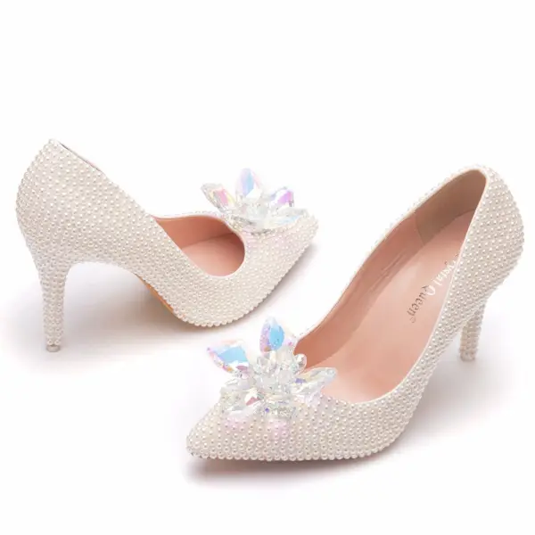 Élégant Blanche Perle Cristal Chaussure De Mariée 2025 Mariage 9 cm Talons Aiguilles À Bout Pointu Escarpins Talons Hauts