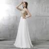 Chic / Beautiful Formal Dresses 2017 Evening Dresses  White A-Line / Princess Floor-Length / Long Scoop Neck Backless Sleeveless Beading Rhinestone