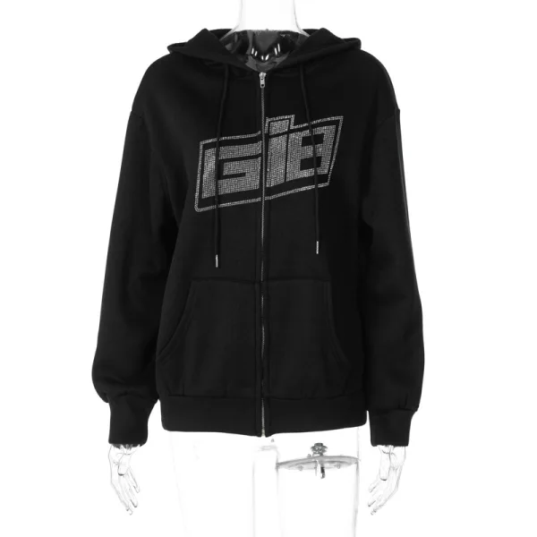 Comfortable White Rhinestone Tops Sweatshirts Letter Graphic Polyester Loose Hooded Street Wear Long Sleeve Zipper Hoodies 2021