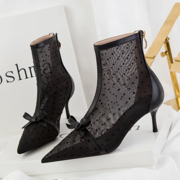 Fashion White See-through Spotted Womens Boots 2022 Street Wear Bow 6 cm Stiletto Heels Pointed Toe Boots