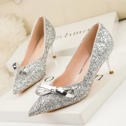 Sparkly Sjarmerende Sølv Paljetter Aften Pumps 2022 7 cm Stiletthæler Sløyfe Spisse Pumps Høyhælte
