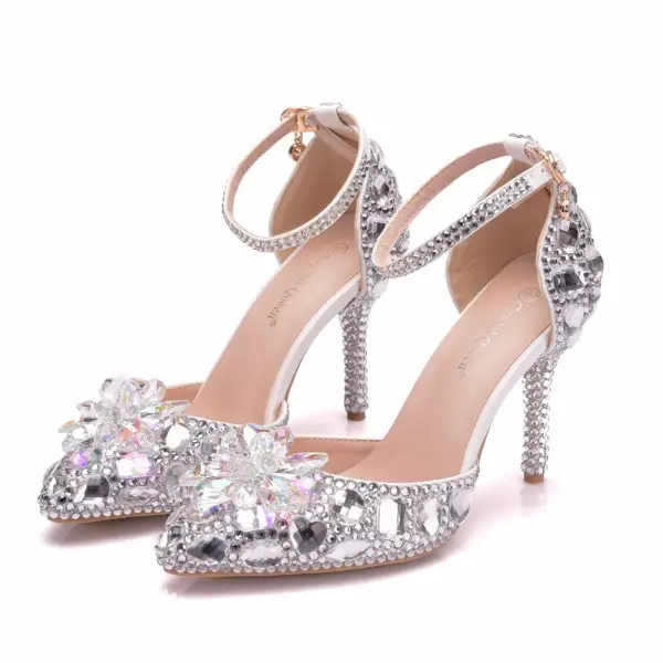 Charmant Multi-Couleurs Faux Diamant Cristal Chaussure De Mariée 2023 Bride Cheville 9 cm Talons Aiguilles À Bout Pointu Mariage Sandales Talons Hauts