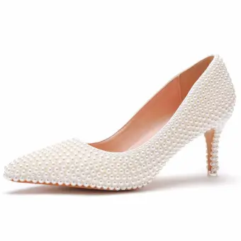 Élégant Perle Beige Chaussure De Mariée 2023 7 Cm Talons Aiguilles À Bout Pointu Mariage Escarpins Talons Hauts