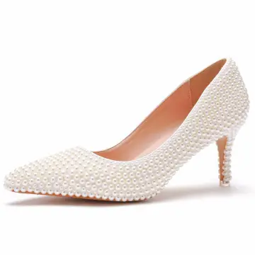 Elegante Parel Abrikoos Beige Bruidsschoenen 2023 7 Cm Naaldhakken Stiletto Spitse Neus Huwelijk Pumps Hoge Hakken