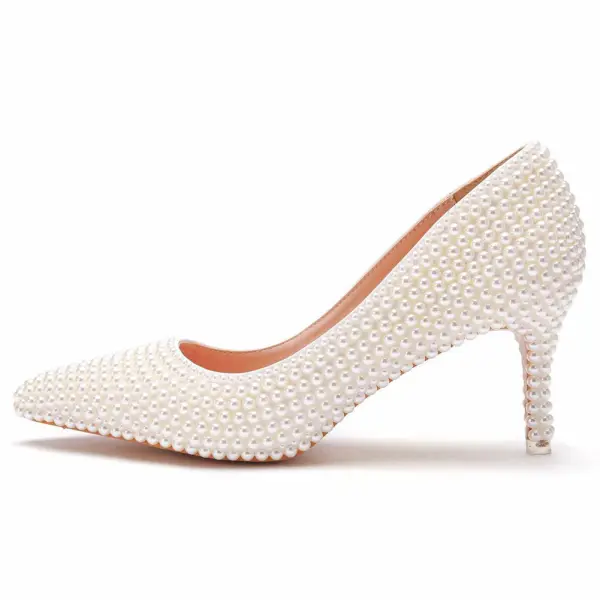 Elegant Pearl Beige Wedding Shoes 2023 7 cm Stiletto Heels Pointed Toe Wedding Pumps High Heels