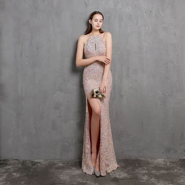 Sexy Grau Pailletten Abendkleider 2022 Meerjungfrau Neckholder Ärmellos Gespaltete Front Lange Abend Festliche Kleider