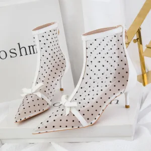 Mode Blanche Transparentes Tachetée Bottes Femme 2022 Vêtement De Rue Noeud 6 Cm Talons Aiguilles À Bout Pointu Bottes