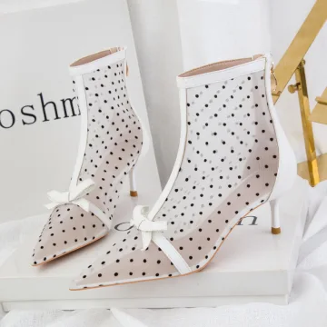 Fashion White See Through Spotted Womens Boots 2022 Street Wear Bow 6 Cm Stiletto Heels Pointed Toe Boots
