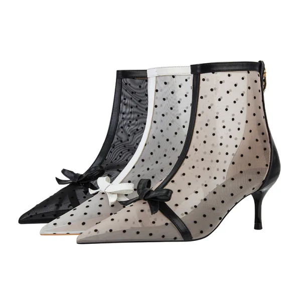 Fashion White See-through Spotted Womens Boots 2022 Street Wear Bow 6 cm Stiletto Heels Pointed Toe Boots
