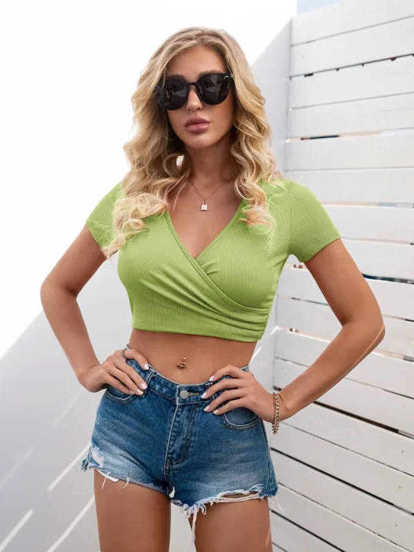 Hauts pour Femmes Noire Bande Serré Col v profond La nuit Manches Courtes Sexy 2021 Tee T-shirt