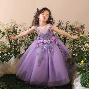 Chic Belle Église Robe Pour Mariage 2017 Robe Ceremonie Fille Lilas Robe Boule Thé Longueur Encolure Dégagée Sans Manches Dos Nu En Dentelle Fleur Appliques Paillettes Perle