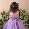 Chic / Beautiful Church Wedding Party Dresses 2017 Flower Girl Dresses Lilac Ball Gown Tea-length Scoop Neck Sleeveless Backless Lace Flower Appliques Sequins Pearl