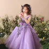 Chic / Beautiful Church Wedding Party Dresses 2017 Flower Girl Dresses Lilac Ball Gown Tea-length Scoop Neck Sleeveless Backless Lace Flower Appliques Sequins Pearl