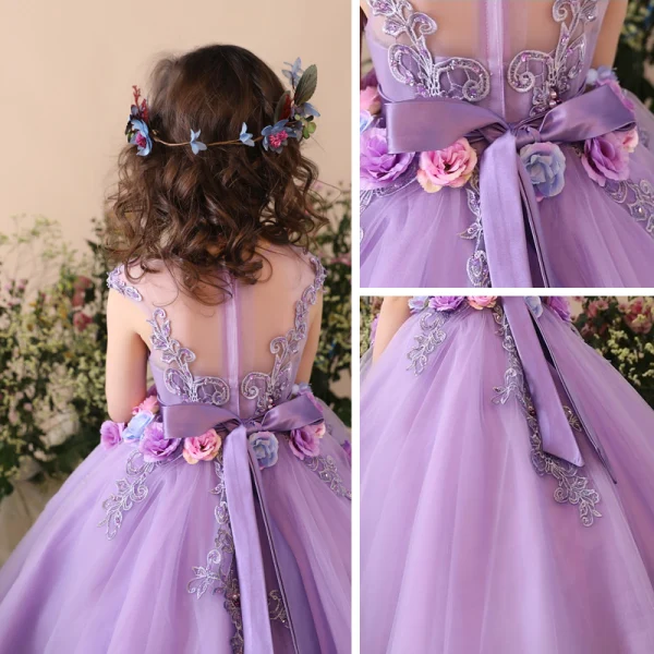 Chic / Beautiful Church Wedding Party Dresses 2017 Flower Girl Dresses Lilac Ball Gown Tea-length Scoop Neck Sleeveless Backless Lace Flower Appliques Sequins Pearl