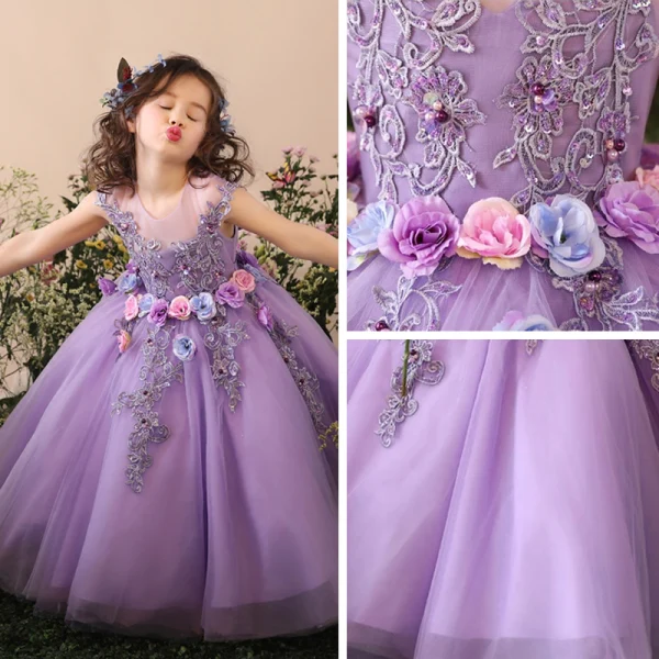 Chic / Beautiful Church Wedding Party Dresses 2017 Flower Girl Dresses Lilac Ball Gown Tea-length Scoop Neck Sleeveless Backless Lace Flower Appliques Sequins Pearl
