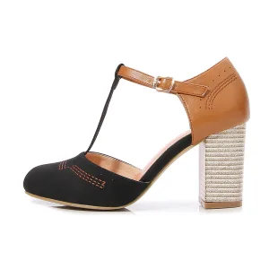 Vintage Zwarte Straatkleding Sandalen Dames 2022 T Strap 8 Cm Dikke Hak Ronde Neus Damesschoenen Hoge Hakken