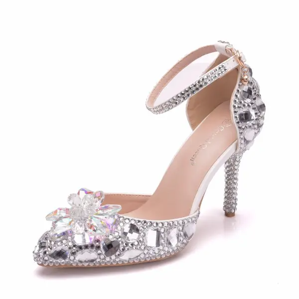 Charmant Multi-Couleurs Faux Diamant Cristal Chaussure De Mariée 2023 Bride Cheville 9 cm Talons Aiguilles À Bout Pointu Mariage Sandales Talons Hauts