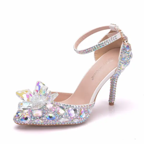 Charmant Multi-Couleurs Faux Diamant Cristal Chaussure De Mariée 2023 Bride Cheville 9 cm Talons Aiguilles À Bout Pointu Mariage Sandales Talons Hauts