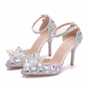 Charmant Multi Couleurs Faux Diamant Cristal Chaussure De Mariée 2023 Bride Cheville 9 Cm Talons Aiguilles À Bout Pointu Mariage Sandales Talons Hauts