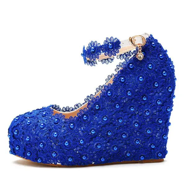 Inhabituel Blanche Perle En Dentelle Fleur Chaussure De Mariée 2022 10 cm Compensées À Bout Rond Mariage Talons Hauts