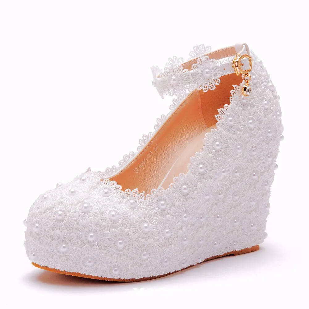 Unusual White Pearl Lace Flower Wedding Shoes 2022 10 cm Wedges