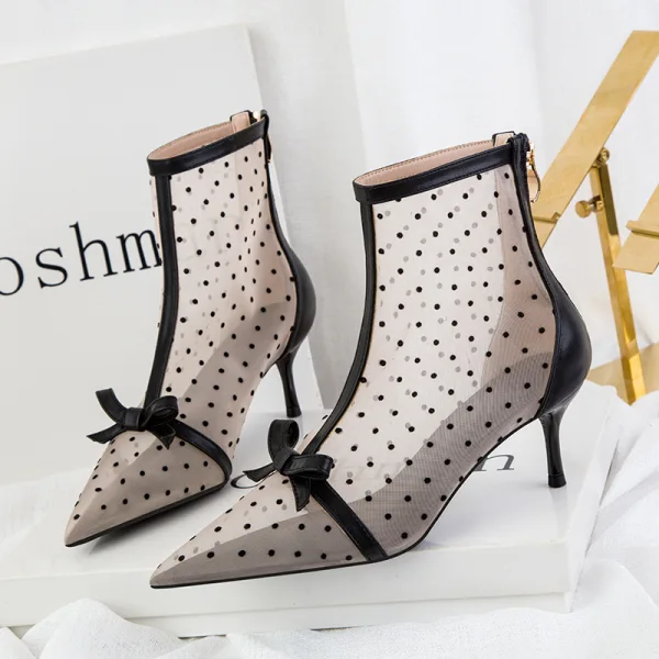 Fashion White See-through Spotted Womens Boots 2022 Street Wear Bow 6 cm Stiletto Heels Pointed Toe Boots