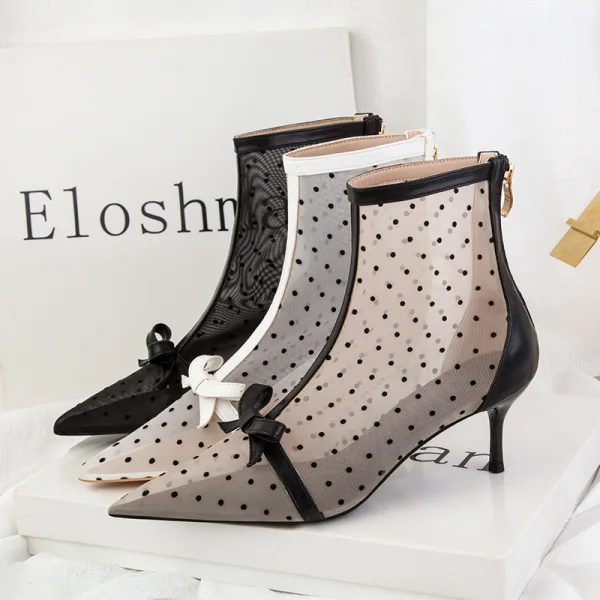Fashion White See-through Spotted Womens Boots 2022 Street Wear Bow 6 cm Stiletto Heels Pointed Toe Boots