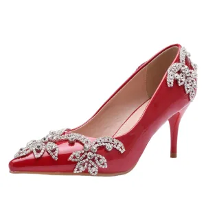 Mooie Prachtige Rode Avond Rhinestone Pumps 2023 7 Cm Naaldhakken Stiletto Spitse Neus Pumps Hoge Hakken