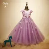 Chic / Beautiful Church Wedding Party Dresses 2017 Flower Girl Dresses Lilac Ball Gown Ankle Length Scoop Neck Short Sleeve Pearl