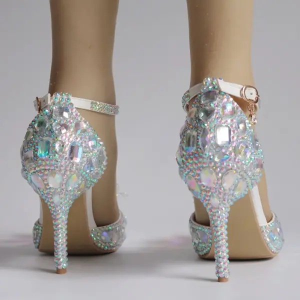 Charmant Multi-Couleurs Faux Diamant Cristal Chaussure De Mariée 2023 Bride Cheville 9 cm Talons Aiguilles À Bout Pointu Mariage Sandales Talons Hauts