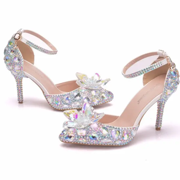 Charmant Multi-Couleurs Faux Diamant Cristal Chaussure De Mariée 2023 Bride Cheville 9 cm Talons Aiguilles À Bout Pointu Mariage Sandales Talons Hauts