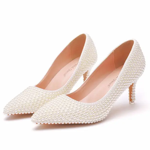 Elegant Pearl Beige Wedding Shoes 2023 7 cm Stiletto Heels Pointed Toe Wedding Pumps High Heels