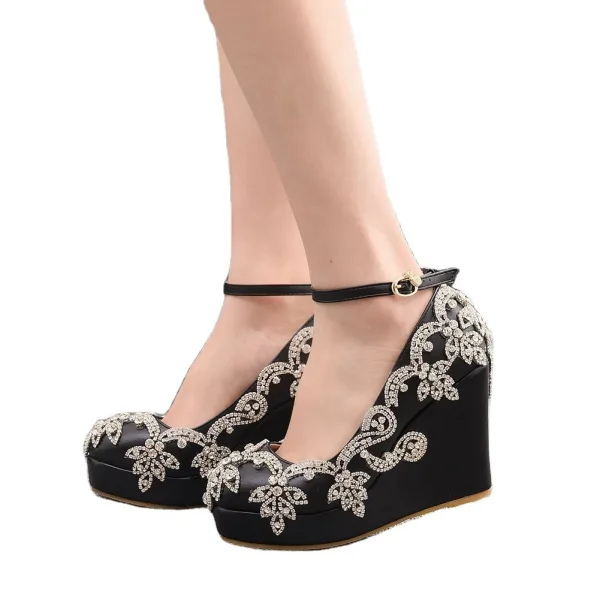 Chic / Beautiful Black Rhinestone Prom Womens Shoes 2025 Ankle Strap 10 cm Wedges Round Toe Womens Shoes