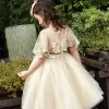 Chic / Beautiful Church Wedding Party Dresses 2017 Flower Girl Dresses Gold Ball Gown Tea-length Scoop Neck Backless Sleeveless Bow Sash Sequins Lace Appliques