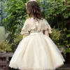 Chic / Beautiful Church Wedding Party Dresses 2017 Flower Girl Dresses Gold Ball Gown Tea-length Scoop Neck Backless Sleeveless Bow Sash Sequins Lace Appliques