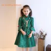 Chinese style Church Wedding Party Dresses 2017 Flower Girl Dresses Dark Green A-Line / Princess Tea-length High Neck 3/4 Sleeve Bow