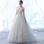 Eleganta Champagne Genomskinliga Bröllopsklänningar 2018 Prinsessa Urringning Långärmad Appliqués Pierced Spets Ruffle Chapel Train