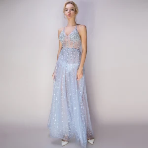 Sexy Himmelen Blå Gjennomsiktig Selskapskjoler 2018 Prinsesse Holder Uten Ermer Glitter Stjerne Tyll Beading Perle Rhinestone Ankel Lengde Buste Ryggløse Formelle Kjoler