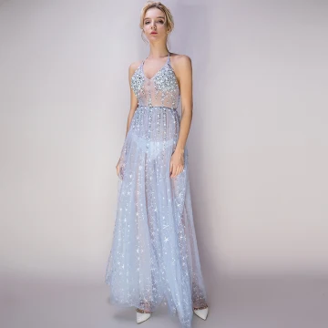Sexy Sky Blue See Through Evening Dresses 2018 A Line Princess Halter Sleeveless Glitter Star Tulle Beading Pearl Rhinestone Ankle Length Ruffle Backless Formal Dresses