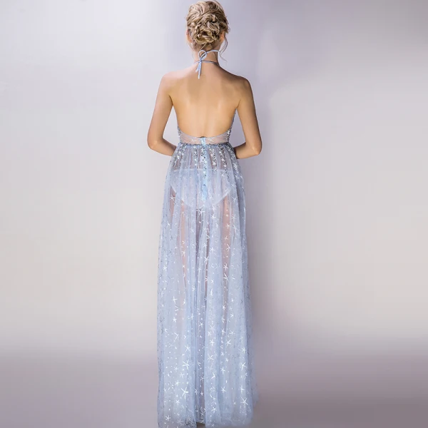 Sexy Bleu Ciel Transparentes Robe De Soirée 2018 Princesse Titulaire Sans Manches Glitter Étoile Tulle Perlage Perle Faux Diamant Longueur Cheville Volants Dos Nu Robe De Ceremonie