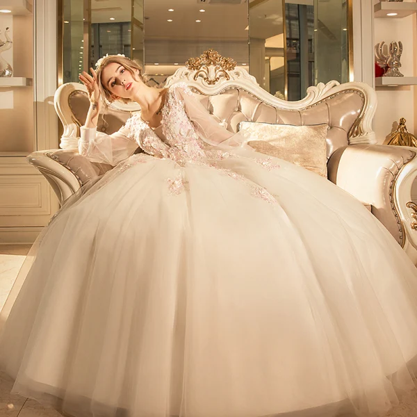 Chic / Beautiful Church Outdoor / Garden Wedding Dresses 2017 Lace Flower Pearl Backless Artificial Flowers V-Neck 3/4 Sleeve Ivory Ball Gown Floor-Length / Long