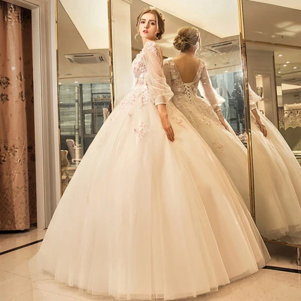 Chic / Beautiful Church Outdoor / Garden Wedding Dresses 2017 Lace Flower Pearl Backless Artificial Flowers V-Neck 3/4 Sleeve Ivory Ball Gown Floor-Length / Long