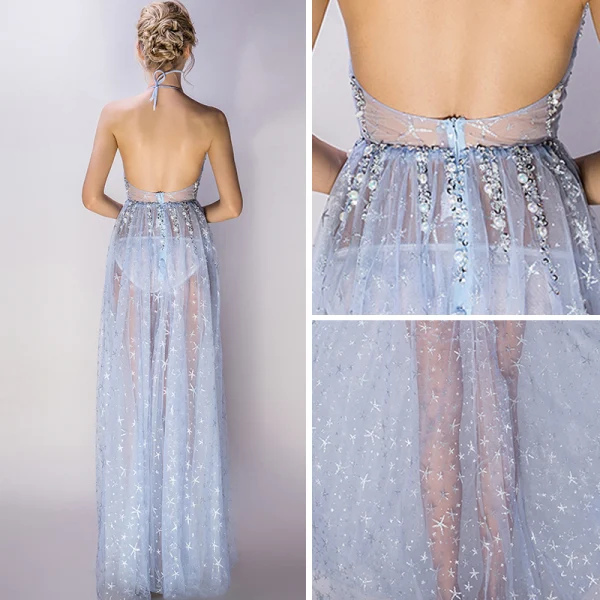 Sexy Bleu Ciel Transparentes Robe De Soirée 2018 Princesse Titulaire Sans Manches Glitter Étoile Tulle Perlage Perle Faux Diamant Longueur Cheville Volants Dos Nu Robe De Ceremonie