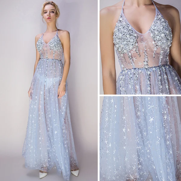 Sexy Bleu Ciel Transparentes Robe De Soirée 2018 Princesse Titulaire Sans Manches Glitter Étoile Tulle Perlage Perle Faux Diamant Longueur Cheville Volants Dos Nu Robe De Ceremonie
