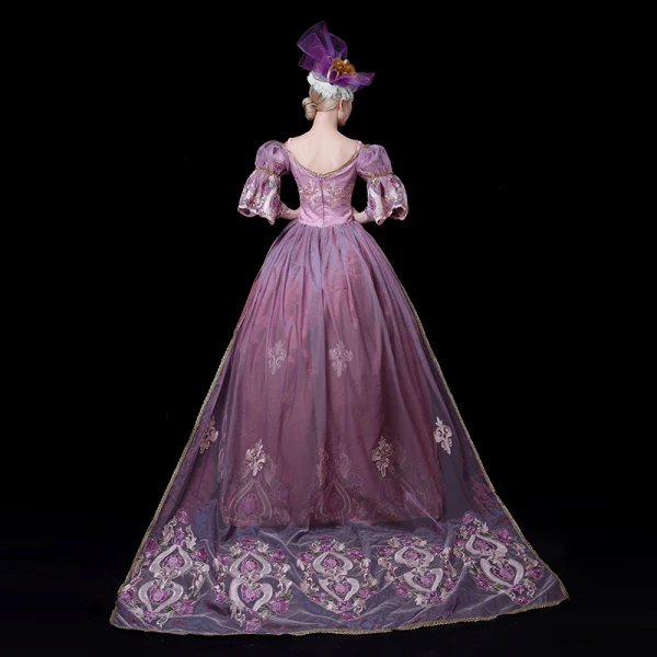 Vintage / Retro Medieval Candy Pink Ball Gown Prom Dresses 2021 V-Neck 1/2 Sleeves 3D Lace Appliques Handmade Embroidered Flower Lace Satin Cosplay Court Train Prom Formal Dresses