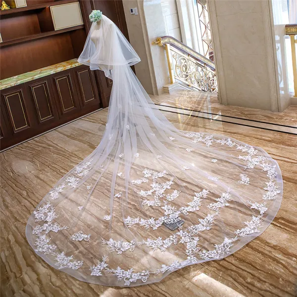 Chic / Beautiful White Royal Train Wedding Tulle Appliques Flower 4 m Wedding Veils 2018