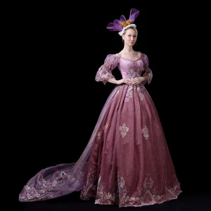 Vintage Retro Medieval Candy Pink Ball Gown Prom Dresses 2021 V Neck 1 2 Sleeves 3d Lace Appliques Handmade Embroidered Flower Lace Satin Cosplay Court Train Prom Formal Dresses