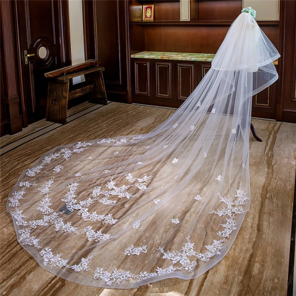 Chic / Beautiful White Royal Train Wedding Tulle Appliques Flower 4 m Wedding Veils 2018