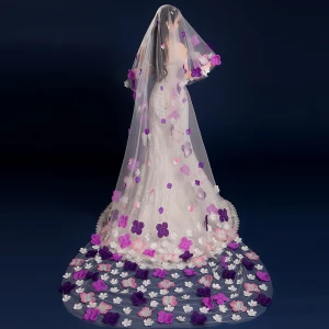 Flower Fairy Purple Chapel Train Wedding Backless Tulle Wedding Veils 2018
