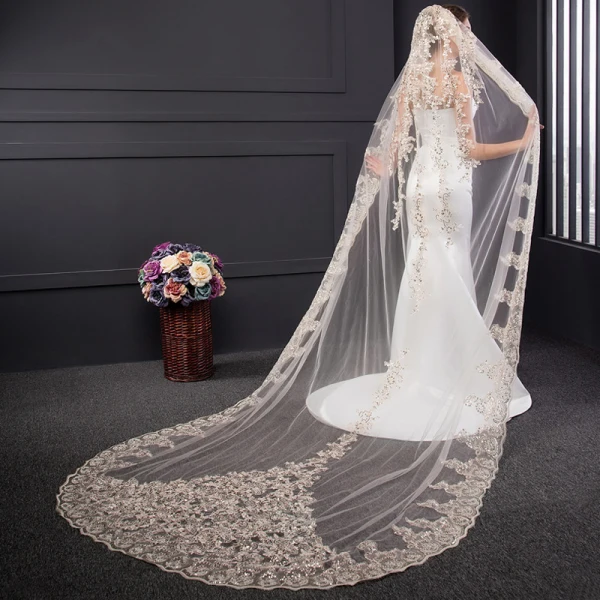 Luxe Champagne Tulle Dentelle Appliques 3 m Jardin / Extérieur Voile De Mariée 2017